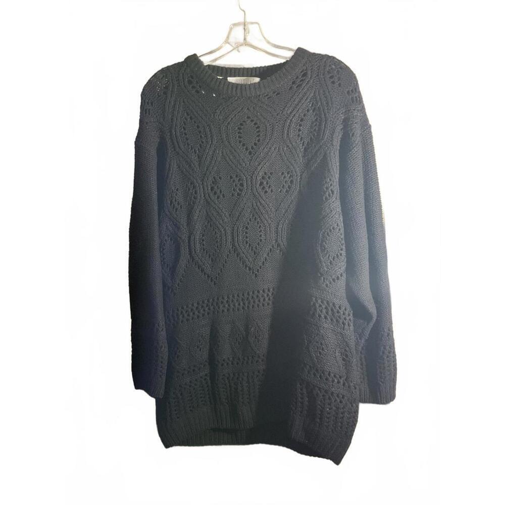 Josephine Silk Black Knit  Laganlook Lightweight Sweater with Leaf Pattern M
